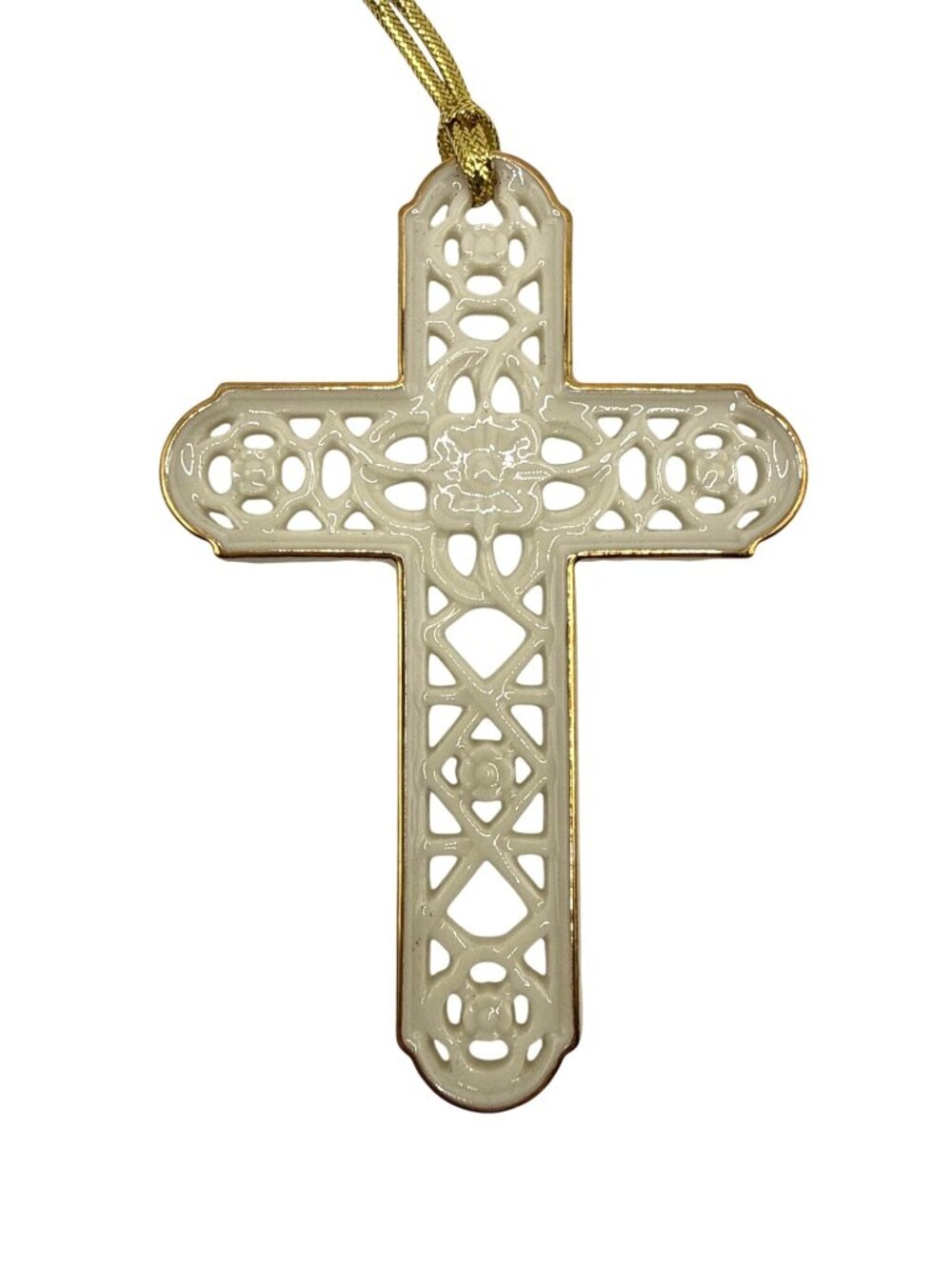 Vintage Lenox Christmas Ornament Porcelain Cross 3"x4" Gold Trim Latticework Box